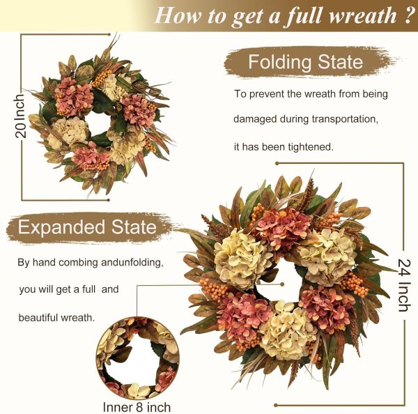 24 Inch Fall Hydrangea Wreath for Front Door, Thanksgiving Harvest Decor