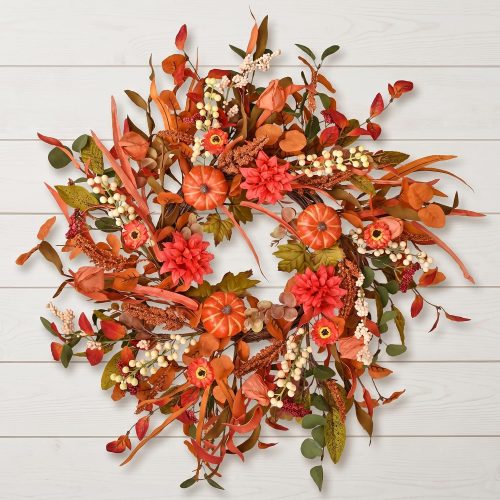 24 Inch Pumpkin Fall Wreath for Front Door with Berry & Mixed Leaves