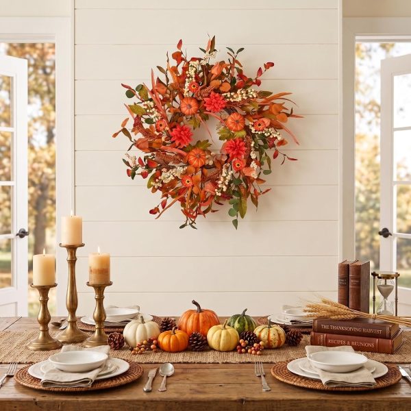 24 Inch Pumpkin Fall Wreath for Front Door with Berry & Mixed Leaves