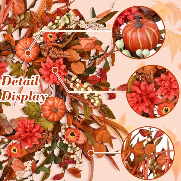 24 Inch Pumpkin Fall Wreath for Front Door with Berry & Mixed Leaves