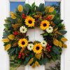 26 Inch Fall Sunflower Wreath for Front Door with White Pumpkins, Pinecones