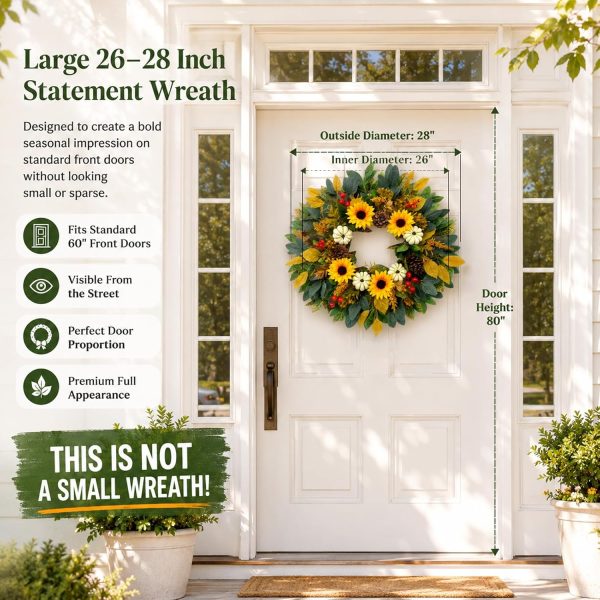 26 Inch Fall Sunflower Wreath for Front Door with White Pumpkins, Pinecones