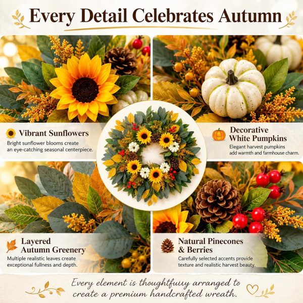 26 Inch Fall Sunflower Wreath for Front Door with White Pumpkins, Pinecones