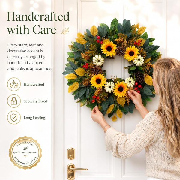 26 Inch Fall Sunflower Wreath for Front Door with White Pumpkins, Pinecones