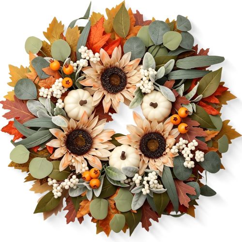 zjlmit 22" Fall Wreaths for Front Door with Pumpkin Sunflower Maple Leaf