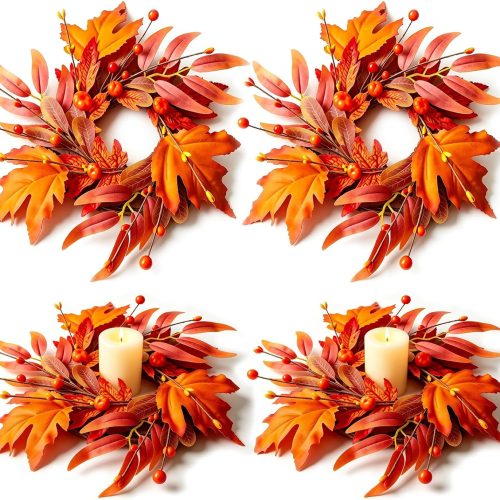 CT0440469JS_1 4 Pcs Mini Fall Wreaths Thanksgiving Table Centerpieces Fall Candle Rings 9 Inch Maple Leaf Wreaths for Cabinets Farmhouse Autumn Wreath for Front Door Porch Wall Window Decorations
