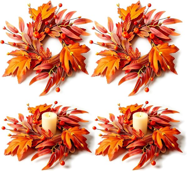 4 Pcs Mini Fall Wreaths Thanksgiving Table Centerpieces Fall Candle Rings 9 Inch Maple Leaf Wreaths for Cabinets Farmhouse Autumn Wreath for Front Door Porch Wall Window Decorations