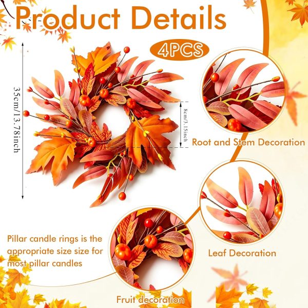 4 Pcs Mini Fall Wreaths Thanksgiving Table Centerpieces Fall Candle Rings 9 Inch Maple Leaf Wreaths for Cabinets Farmhouse Autumn Wreath for Front Door Porch Wall Window Decorations