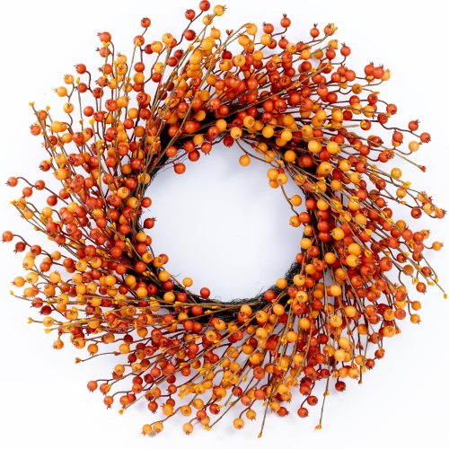 24" Berry Fall Wreath for Front Door, Orange/Yellow Autumn Harvest Wreath | Farmhouse Thanksgiving Wreath Decorations with Realistic Berries for Window, Wall, Mantel, No Fall Off, No-Fade, Handcrafted