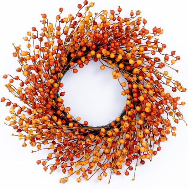 CT0440470JS_1 24" Berry Fall Wreath for Front Door, Orange/Yellow Autumn Harvest Wreath | Farmhouse Thanksgiving Wreath Decorations with Realistic Berries for Window, Wall, Mantel, No Fall Off, No-Fade, Handcrafted