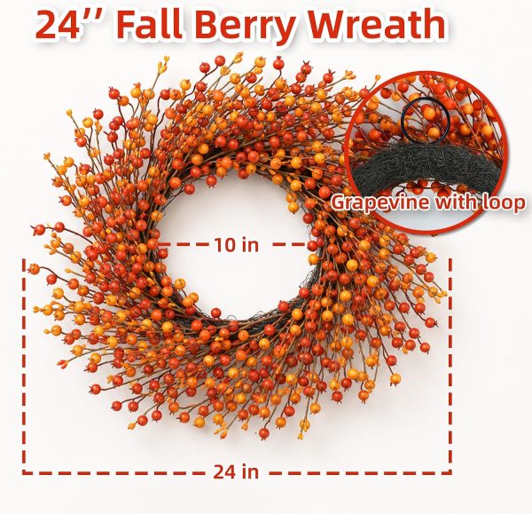 CT0440470JS_2 24" Berry Fall Wreath for Front Door, Orange/Yellow Autumn Harvest Wreath | Farmhouse Thanksgiving Wreath Decorations with Realistic Berries for Window, Wall, Mantel, No Fall Off, No-Fade, Handcrafted