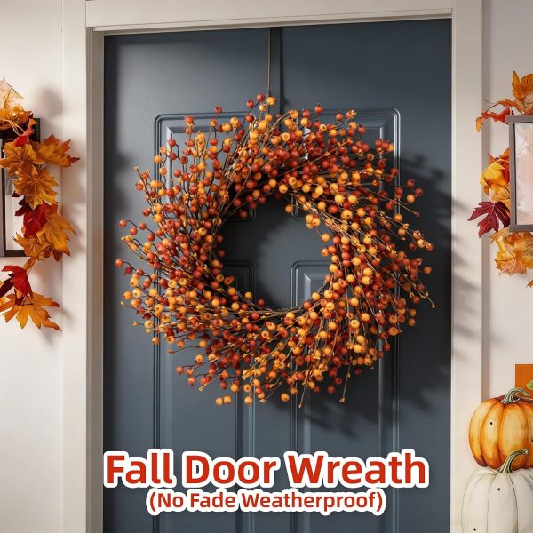 CT0440470JS_4 24" Berry Fall Wreath for Front Door, Orange/Yellow Autumn Harvest Wreath | Farmhouse Thanksgiving Wreath Decorations with Realistic Berries for Window, Wall, Mantel, No Fall Off, No-Fade, Handcrafted