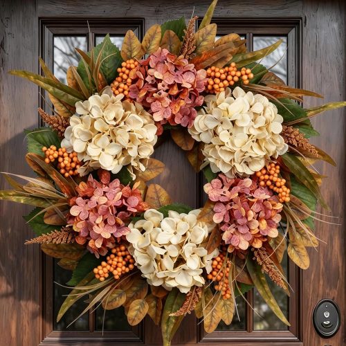 26" Autumn Fall Door Wreath with Hydrangea Berry Eucalyptus for Outdoor
