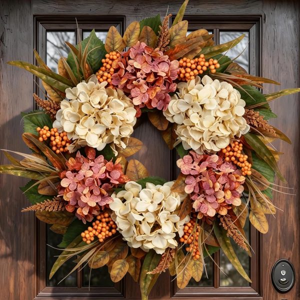 26" Autumn Fall Door Wreath with Hydrangea Berry Eucalyptus for Outdoor
