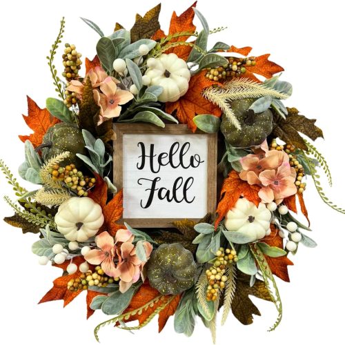 Svndlyn 22 Inch Lighted Fall Wreath with Timer and Hello Fall Sign | 20 Warm White LEDs with White Pumpkins, Maple Leaves and Peach Flowers for Covered Front Door and Thanksgiving Decor