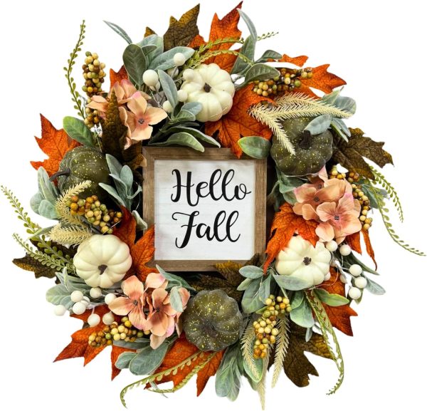 Svndlyn 22 Inch Lighted Fall Wreath with Timer and Hello Fall Sign | 20 Warm White LEDs with White Pumpkins, Maple Leaves and Peach Flowers for Covered Front Door and Thanksgiving Decor