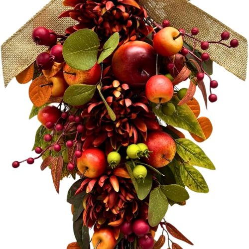 Svndlyn 25 Inch Fall Teardrop Swag with Faux Apples and Burgundy Mums