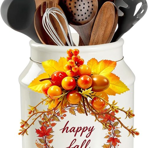 Fall Kitchen Decor, BOXJINCO Ceramics Fall Utensil Holder with Autumn Artificial Pumpkin Decor, Cute Pumpkin Wreath Utensil Crock, Perfect for Farmhouse-Style Autumn Decor