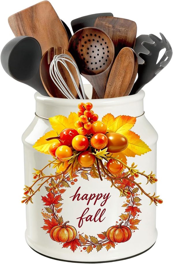 CT0440516JS_1 Fall Kitchen Decor, BOXJINCO Ceramics Fall Utensil Holder with Autumn Artificial Pumpkin Decor, Cute Pumpkin Wreath Utensil Crock, Perfect for Farmhouse-Style Autumn Decor
