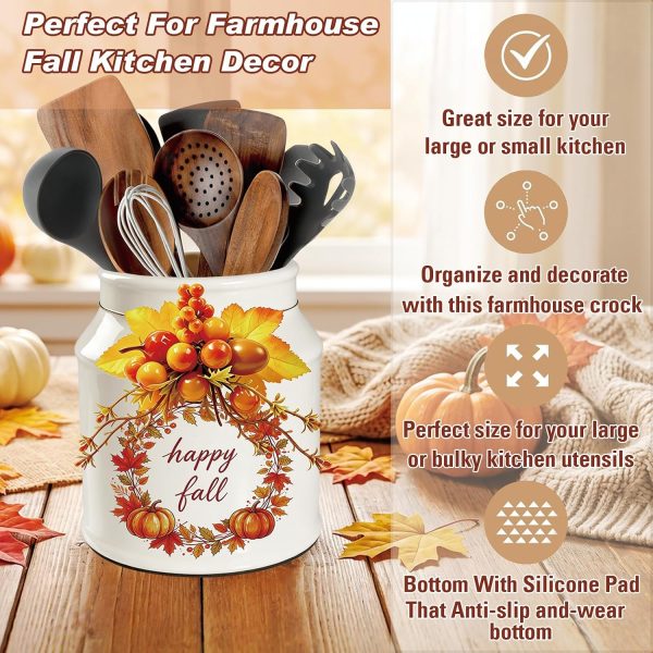 CT0440516JS_3 Fall Kitchen Decor, BOXJINCO Ceramics Fall Utensil Holder with Autumn Artificial Pumpkin Decor, Cute Pumpkin Wreath Utensil Crock, Perfect for Farmhouse-Style Autumn Decor