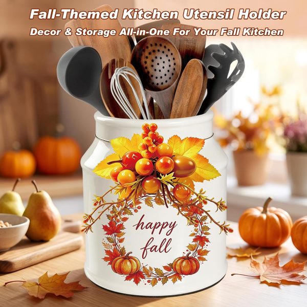 CT0440516JS_4 Fall Kitchen Decor, BOXJINCO Ceramics Fall Utensil Holder with Autumn Artificial Pumpkin Decor, Cute Pumpkin Wreath Utensil Crock, Perfect for Farmhouse-Style Autumn Decor