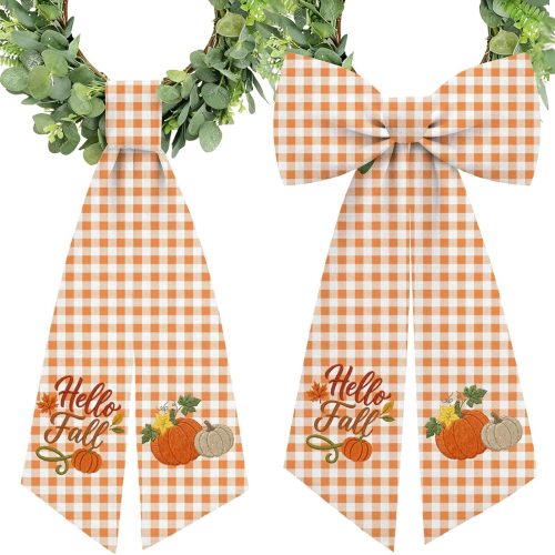 CT0440518JS_1 2 Pcs Fall Wreath Sash Plaid Pumpkin Hello Fall for Front Door Embroidery Ribbon Sash for Yard Porch Doorway Decor Indoor Outdoor