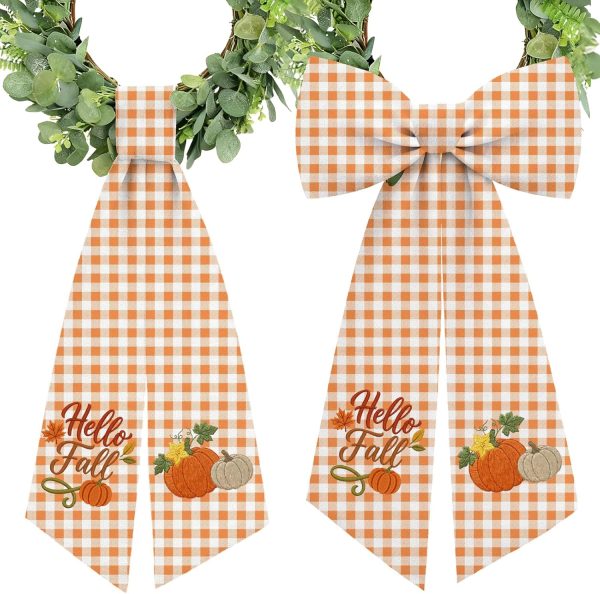 CT0440518JS_1 2 Pcs Fall Wreath Sash Plaid Pumpkin Hello Fall for Front Door Embroidery Ribbon Sash for Yard Porch Doorway Decor Indoor Outdoor
