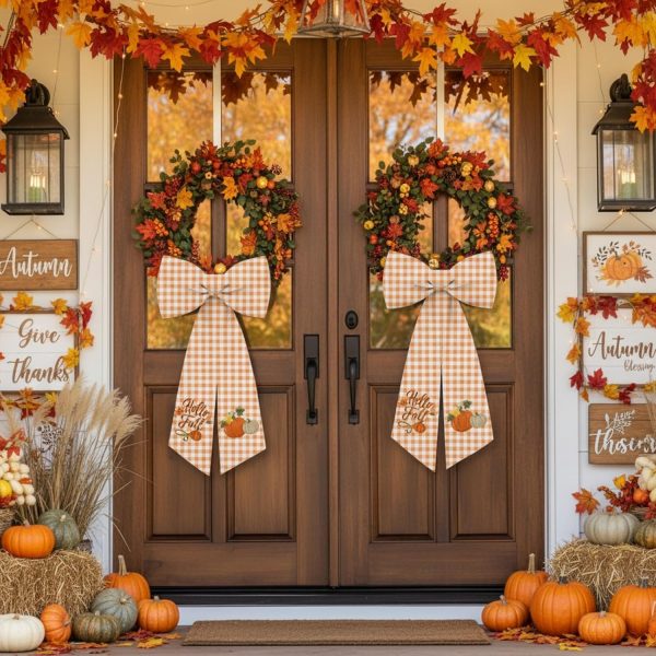 CT0440518JS_2 2 Pcs Fall Wreath Sash Plaid Pumpkin Hello Fall for Front Door Embroidery Ribbon Sash for Yard Porch Doorway Decor Indoor Outdoor