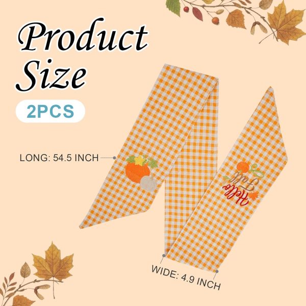 CT0440518JS_3 2 Pcs Fall Wreath Sash Plaid Pumpkin Hello Fall for Front Door Embroidery Ribbon Sash for Yard Porch Doorway Decor Indoor Outdoor