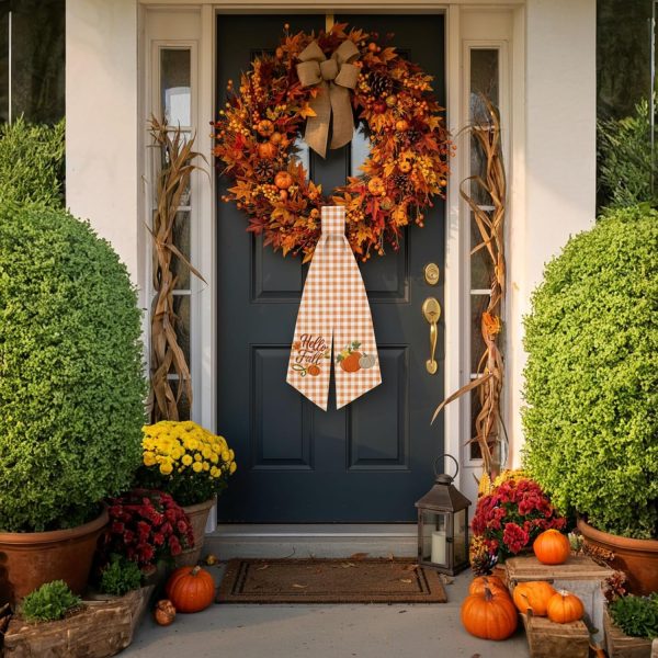 CT0440518JS_4 2 Pcs Fall Wreath Sash Plaid Pumpkin Hello Fall for Front Door Embroidery Ribbon Sash for Yard Porch Doorway Decor Indoor Outdoor