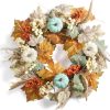 Fall Wreaths for Front Door 20in, Artificial Autumn Leaves Blue Pumpkins Orange Berries, Farmhouse Fall Wreath, Autumn Wreath, Blue Fall Wreath for Thanksgiving Wall