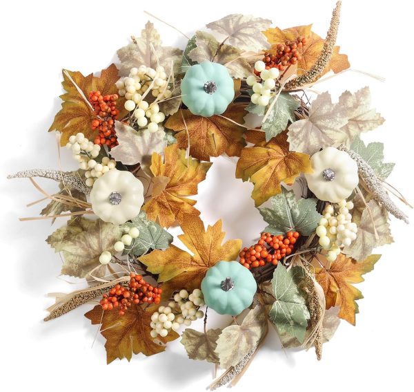 Fall Wreaths for Front Door 20in, Artificial Autumn Leaves Blue Pumpkins Orange Berries, Farmhouse Fall Wreath, Autumn Wreath, Blue Fall Wreath for Thanksgiving Wall