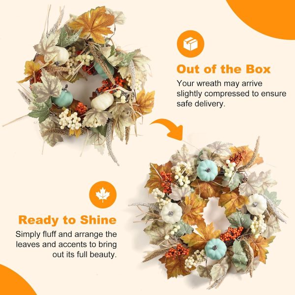 Fall Wreaths for Front Door 20in, Artificial Autumn Leaves Blue Pumpkins Orange Berries, Farmhouse Fall Wreath, Autumn Wreath, Blue Fall Wreath for Thanksgiving Wall