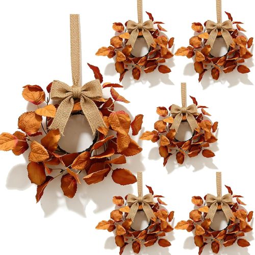 6 Pcs Small Fall Hanging Wreaths with Artificial Autumn Leaves Burnt Orange Rust Red Foliage Rustic Mini Cabinet Wreath for Home Table Centerpieces Kitchen Farmhouse Thanksgiving Party Decor