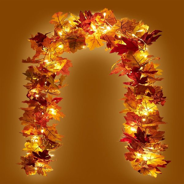 KASZOO 2 Pack Fall Maple Garland with 40 LED String Light- 5.8ft/Piece Artificial Fall Foliage Garland Autumn Decor for Home Wedding Party