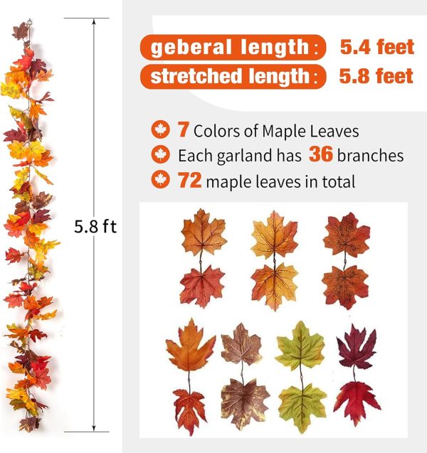 KASZOO 2 Pack Fall Maple Garland with 40 LED String Light- 5.8ft/Piece Artificial Fall Foliage Garland Autumn Decor for Home Wedding Party