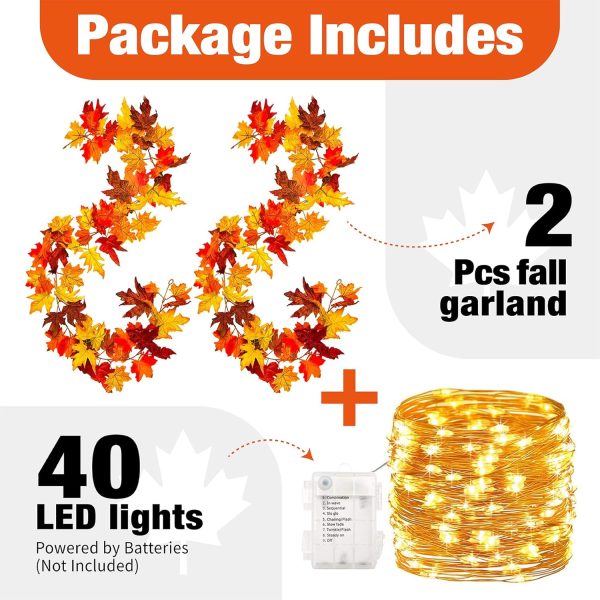 KASZOO 2 Pack Fall Maple Garland with 40 LED String Light- 5.8ft/Piece Artificial Fall Foliage Garland Autumn Decor for Home Wedding Party