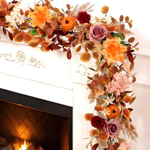 6FT Fall Garland for Mantle, Pumpkin Dahlia Garland Fall Decor