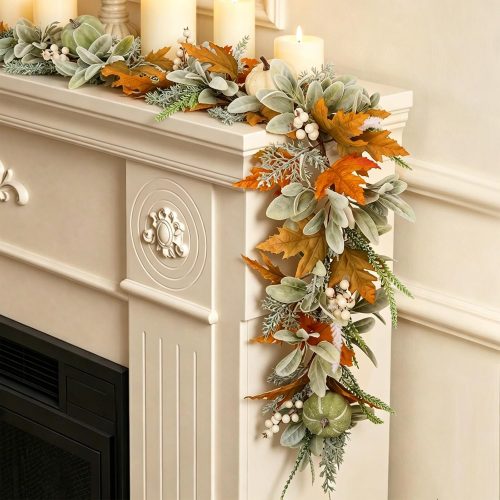 Fall Garland for Mantle, Thanksgiving Autumn Neutral Garlands Decoration | 6Ft Fall Realistic Leaf Pumpkin Garland, Farmhouse Fall Garland Decorations for Home Mantle Fireplace Porch Table Decor