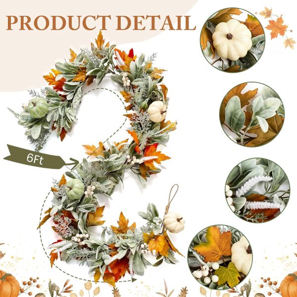 CT0440546JS_2 Fall Garland for Mantle, Thanksgiving Autumn Neutral Garlands Decoration | 6Ft Fall Realistic Leaf Pumpkin Garland, Farmhouse Fall Garland Decorations for Home Mantle Fireplace Porch Table Decor