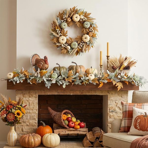 CT0440546JS_4 Fall Garland for Mantle, Thanksgiving Autumn Neutral Garlands Decoration | 6Ft Fall Realistic Leaf Pumpkin Garland, Farmhouse Fall Garland Decorations for Home Mantle Fireplace Porch Table Decor