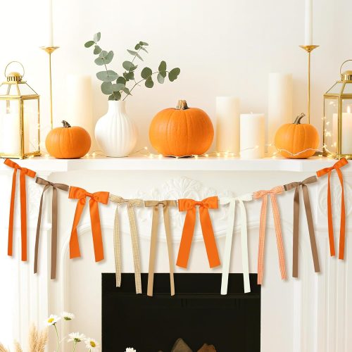 Fall Bow Garland, Fall Mantel Bows Garland Thanksgiving Bow Banner Autumn Hanging Garlands Fall Decorations for Home Office Fireplace Mantle Decor, Table Wall Halloween Thanksgiving Farmhouse Decor