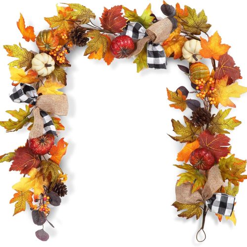 6 Ft Thanksgiving Fall Garland Decor, Artificial Autumn Garlands with Pumpkins, Maple Leaves, Ribbon and Pine Cone for Indoor Outdoor Fireplace Window Home Decoration