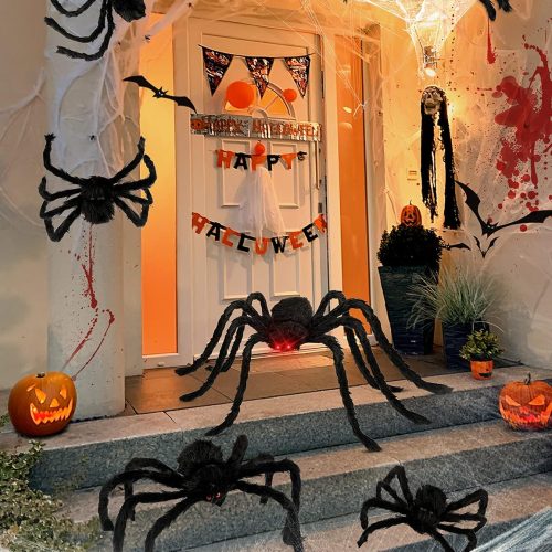 HOPOCO Halloween Plush Spider Set, 6 Pack Scary Fake Spiders in Different Sizes for Indoor Outdoor Halloween Decorations, Haunted House, Yard, Home, Party Decor