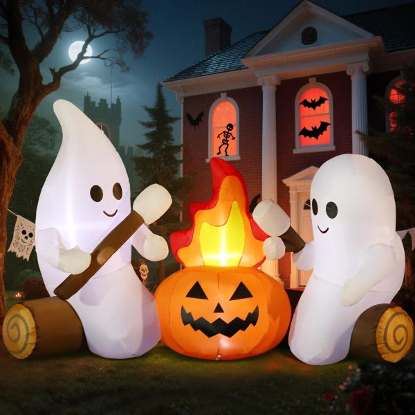 CT0440673JS_3 DomKom 6FT Halloween Inflatable Blow Up Decorations, Cute Ghosts Roasting Marshmallows Over Campfire, Built-in LEDs for Holiday Party, Garden, Lawn, Yard, Patio Décor