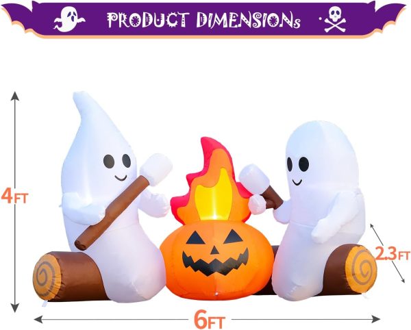 CT0440673JS_4 DomKom 6FT Halloween Inflatable Blow Up Decorations, Cute Ghosts Roasting Marshmallows Over Campfire, Built-in LEDs for Holiday Party, Garden, Lawn, Yard, Patio Décor
