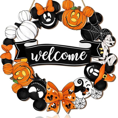 Halloween Mouse Wreath Door Decorations Welcome Hanging Sign, Happy Halloween Front Door Hanger Decor, Cute Wooden Pumpkin Ornaments Door Sign for Home Outdoor Indoor Wall Holiday Party