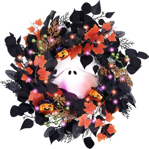 CT0440694JS_1 DecorbyHannah 20'' Halloween Wreath for Front Door with Lights Ghost Decor | Pre-Lit Voice Control Ghost Pumpkins Spooky Door Wreath with Timer Lighted Decorations for Home Porch Wall Indoor Party Table