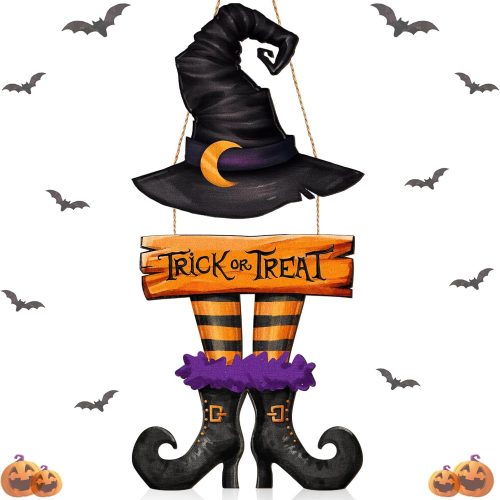 Bbto Halloween Witch Decor, Trick or Treat Wooden Sign Wreath Decor
