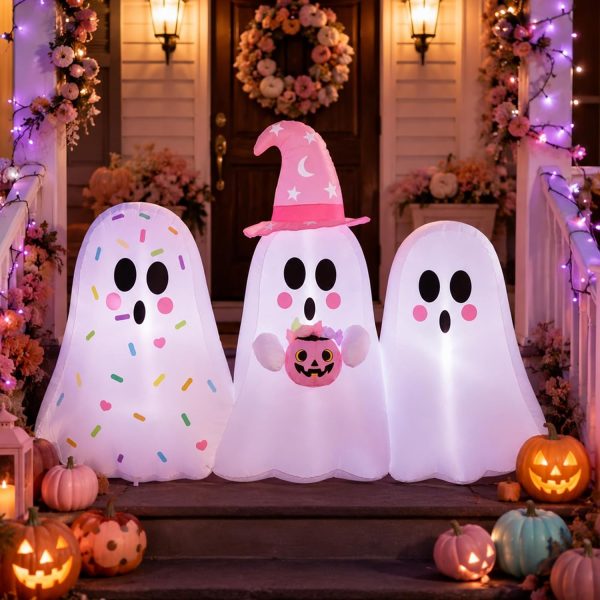 CT0440790JS_1 Junkin 6ft Tall Pink Halloween Inflatable Pastel Ghost Outdoor Decoration